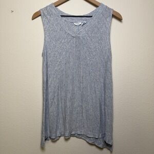 Sigrid Olsen Women 100% Linen Tank Top Medium Blue Striped Lagenlook Coastal
